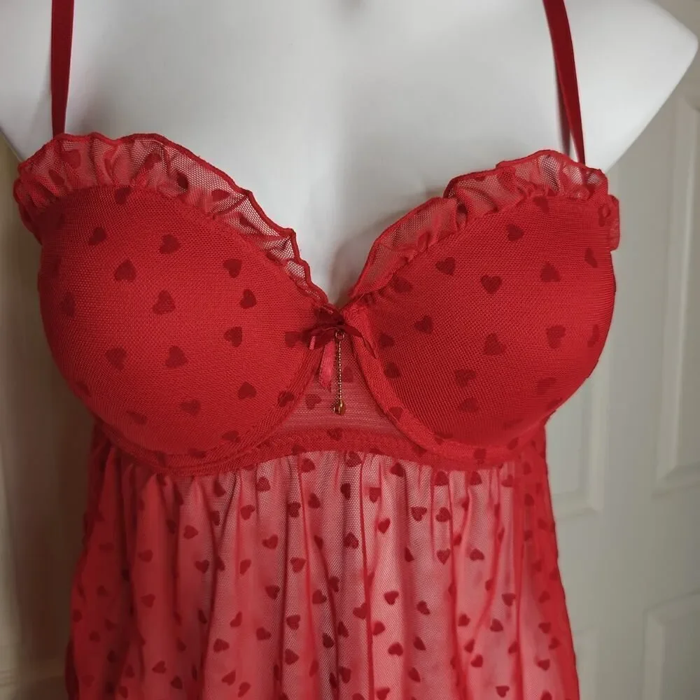 I Heart You red sheer mesh babydoll lingerie sz M